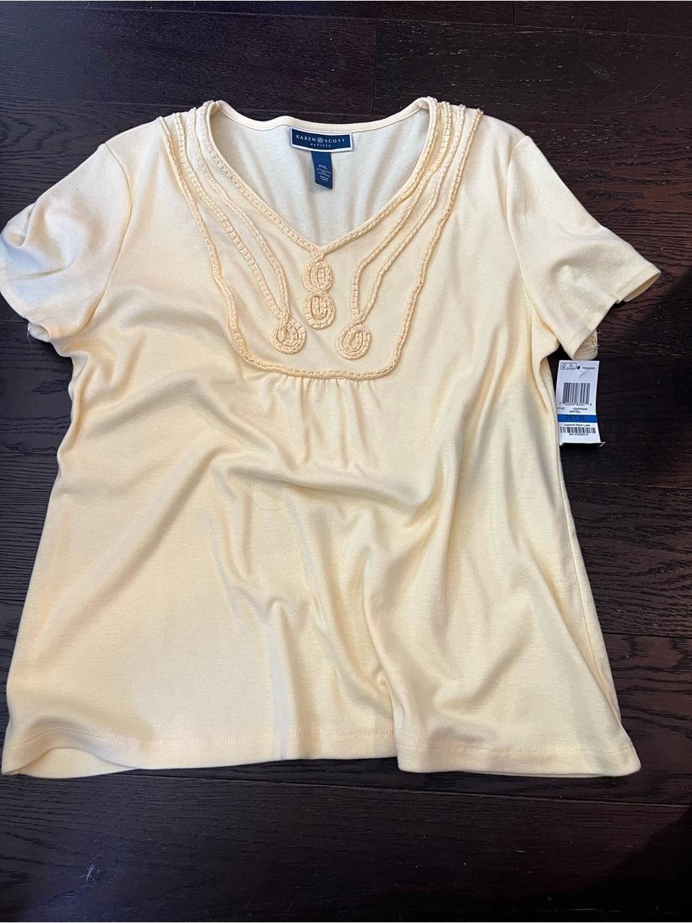 Karen Scott yellow Short Sleeve V-Neck Tee with Braided Trim